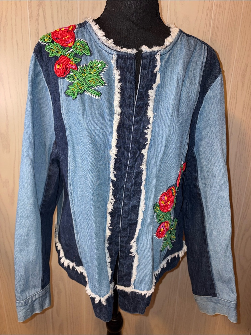 Vintage Floral Beaded Jean Jacket XL Y2K 90’s Double Tone Jean Jacket